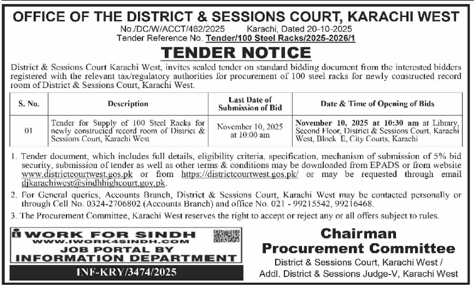 District & Session Court Karachi Tender Notice